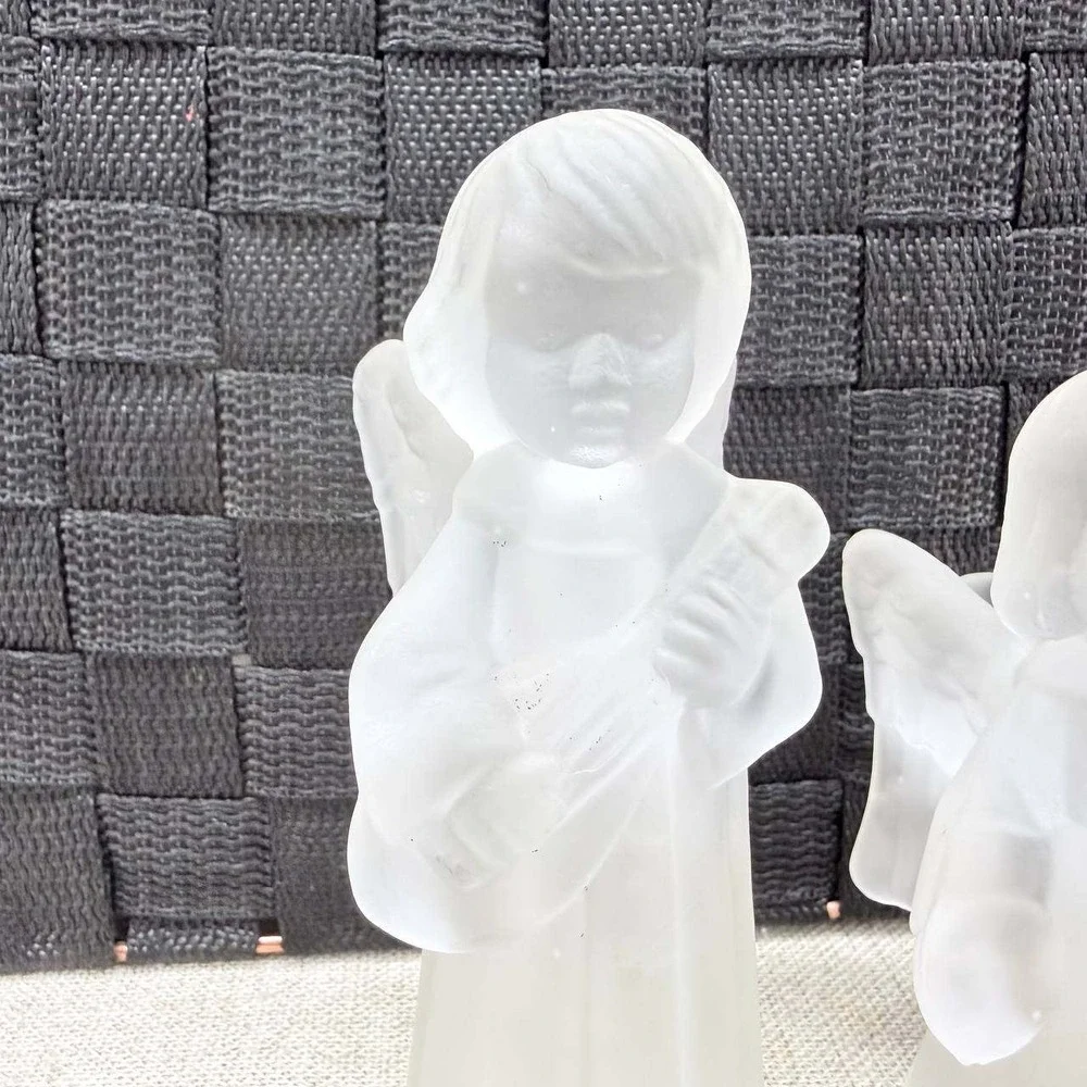 Vintage Frosted Glass Angel Figurine Set of 3 Musical Taper Candle Holders White